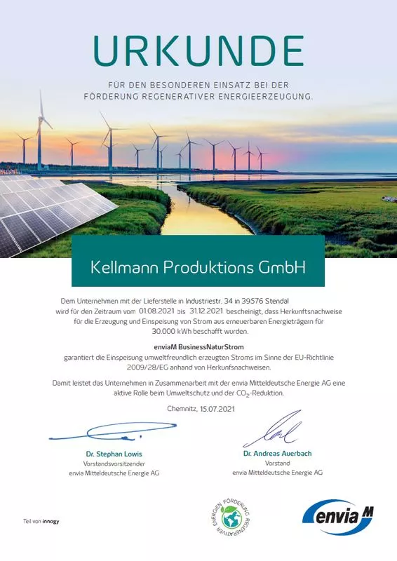 Zertifikat Ökostrom Kellmann Production GmbH