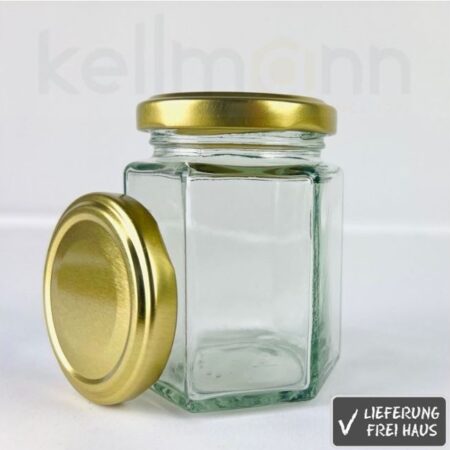 Ein Sechskantglas, der Größe 250 Gramm für den Versand im Großhandel